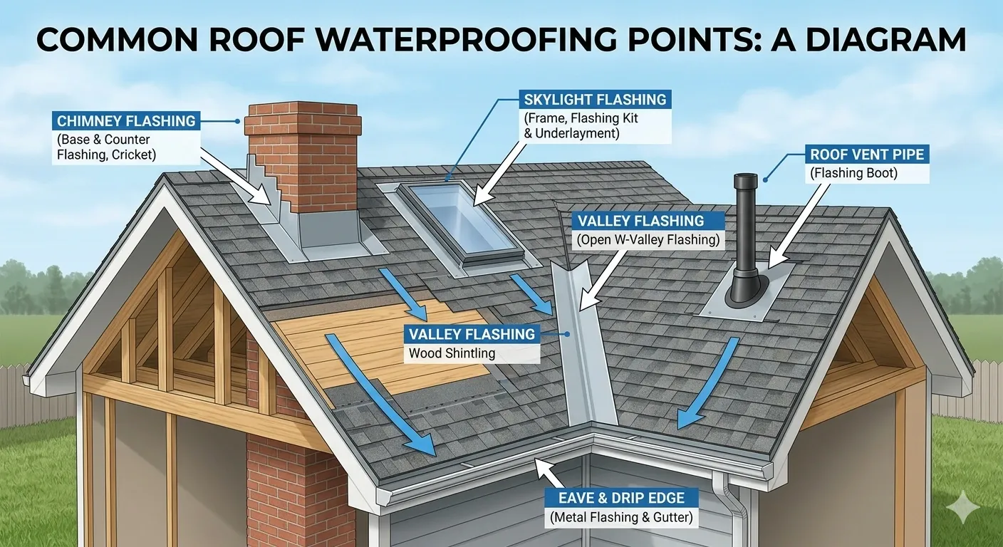 Diagram showing the main waterproofing points on the roof: chimney, skylight, vent pipe, valley and eaves Diagram showing the main waterproofing points on the roof: chimney, skylight, vent pipe, valley and eaves