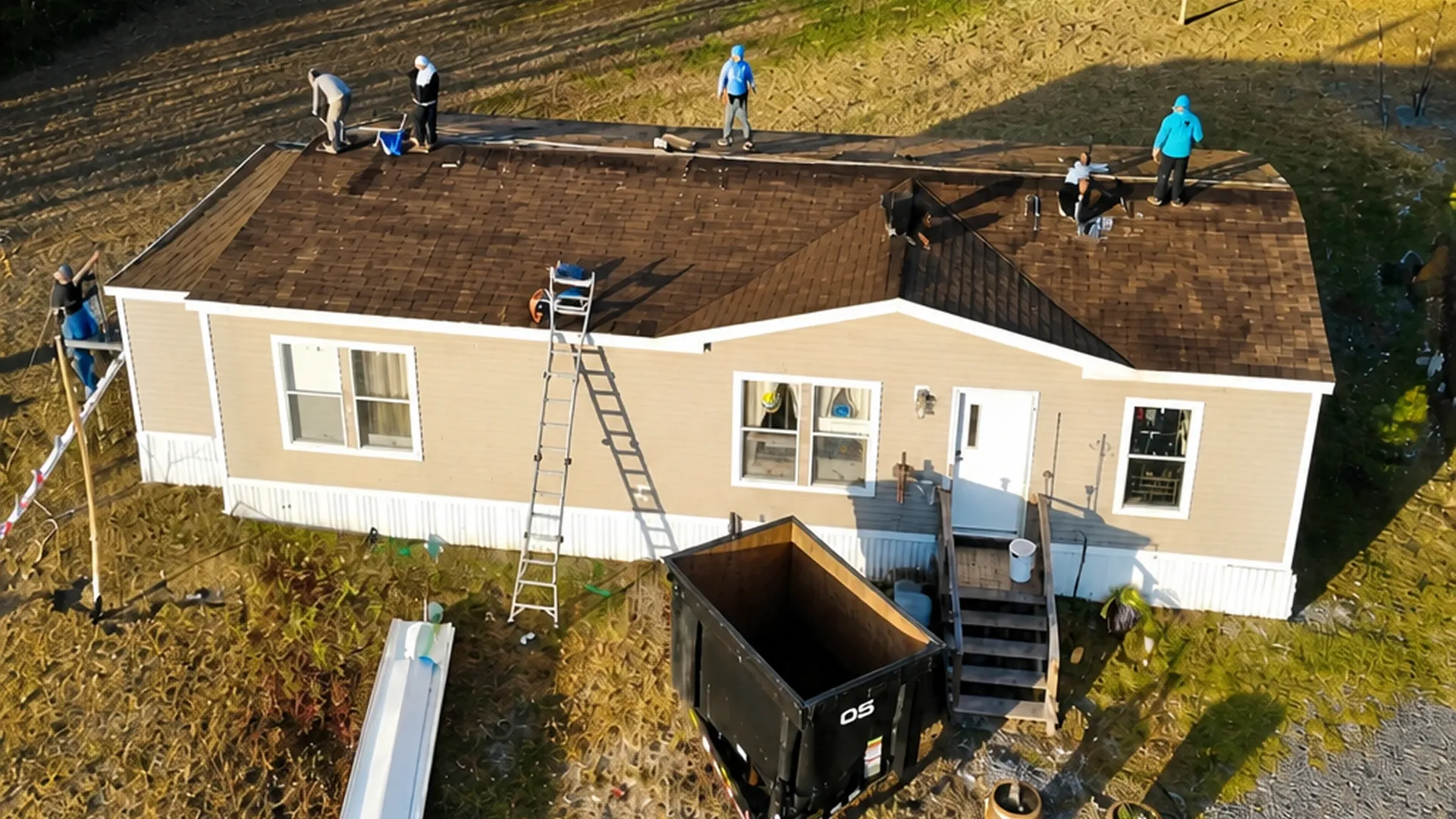 Residential roof construction project with roofing crew replacing shingles Residential roof construction project with roofing crew replacing shingles