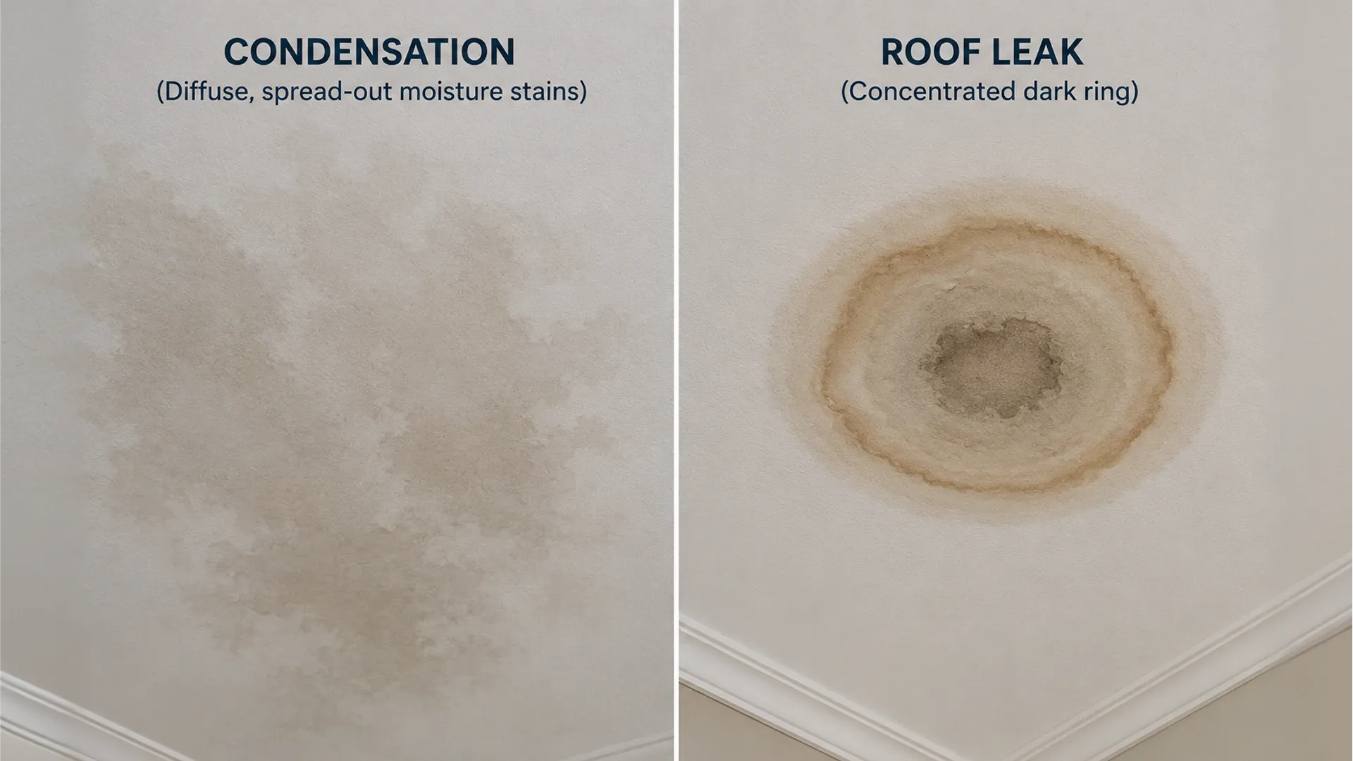 Condensation stains vs roof leak ceiling water stains comparison Condensation stains vs roof leak ceiling water stains comparison