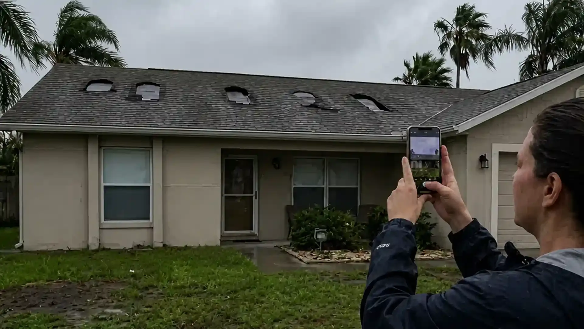 homeowner documenting roof storm damage in Tampa for insurance claim homeowner documenting roof storm damage in Tampa for insurance claim